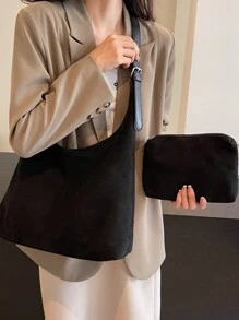 2 件套母女套装绒面革手提包带零钱包，大容量斜挎单肩包，可调节肩带，秋季休闲通勤包，女士时尚手提包 - 黑色 - 查看 4