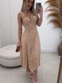 Women's Floral Dress With Slit Summer  2025 - 米色 - 查看 2
