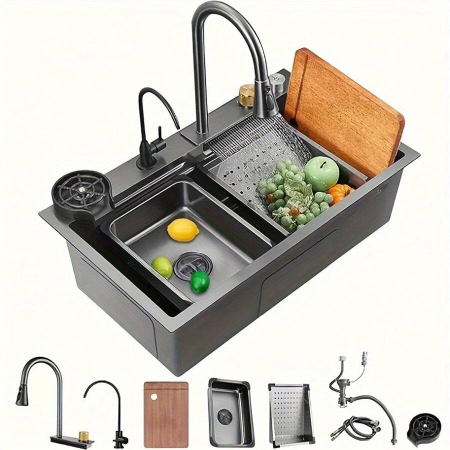 Kitchen Sink With Faucet Combo Waterfall Black Sink Stainless Steel Waterfall Kitchen Sink Kitchen Countertop Multi-Functional Farmhouse Undermount Or Countertop Sink Drop In Farmhouse Sink - 29.52"x17.7" - 查看 1
