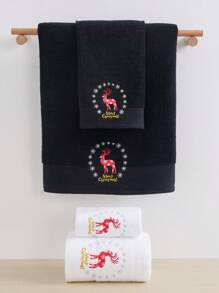 QIBHI 1 pezzo Asciugamano da bagno o da mano con ricamo colorato di cervo, colore solido, assorbente e morbido, regalo di Natale e decorazione per la casa, bagno, decorazione autunnale, per la scuola, per il salone di bellezza, hotel, sport, essenziali per la casa, asciugamano, cura della pelle - nero - Visualizzare 6