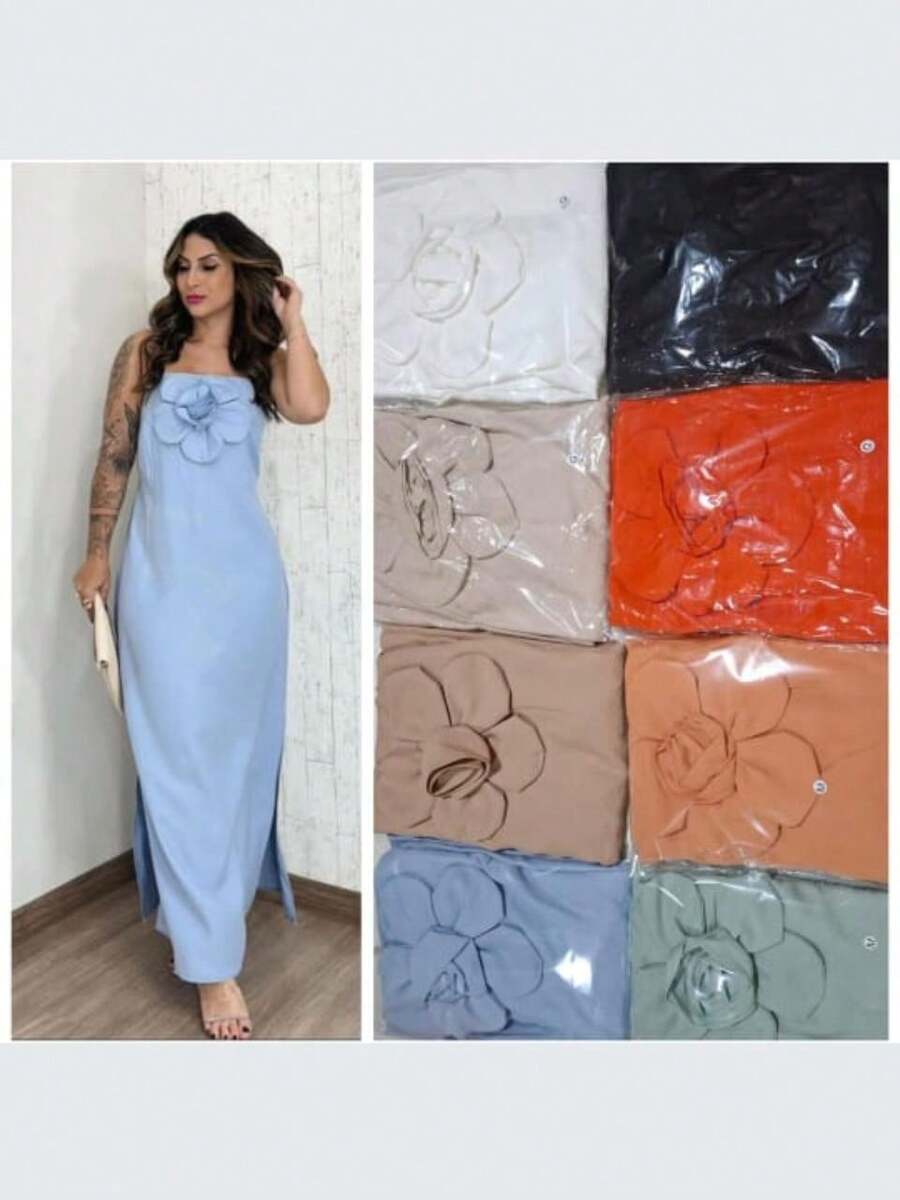 Women's Long Dress With Flower On The Bust Summer Elegant Sophisticated - Beige - View 1