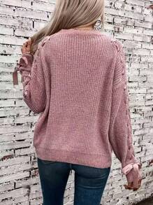 1pc Women Bowknot Pullover Sweater, Loose Fit Solid Color Knit Top, Autumn/Winter