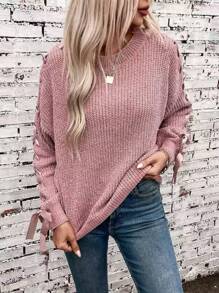 1pc Women Bowknot Pullover Sweater, Loose Fit Solid Color Knit Top, Autumn/Winter