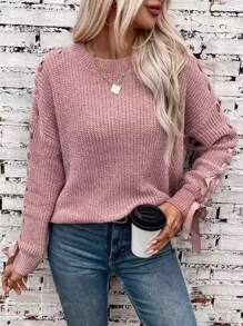 1pc Women Bowknot Pullover Sweater, Loose Fit Solid Color Knit Top, Autumn/Winter