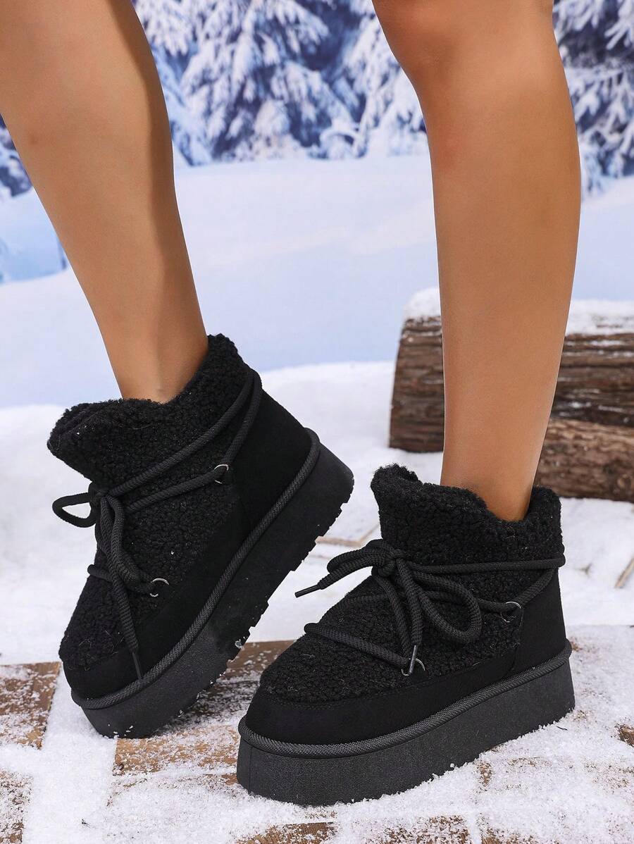 Women's Thick-Soled Winter Shoes, Lace-Up Short Tube, Thermal Lined, Warm Snow Boots For Fall And Winter,Fur Boots