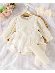 1件婴儿女童优雅蕾丝拼接长袖连体衣+发带+袜子，秋冬款