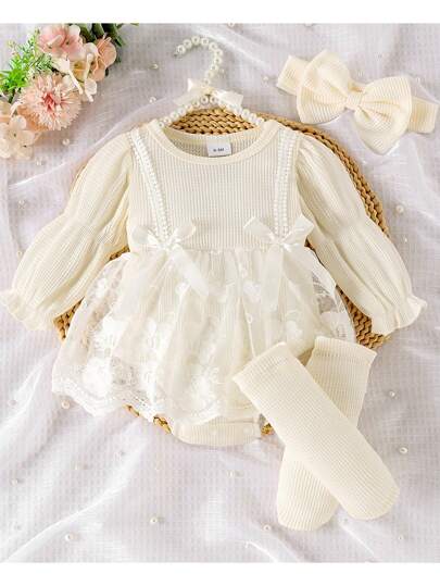 1pc Infant Girl Elegant Lace Patchwork Long Sleeve Bodysuit + Headband + Socks, Autumn/Winter