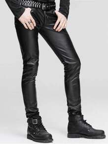 Men`S Punk Gothic Casual Slim Fit Five Pockets Faux Leather Pants Jeans - 黑色 - 查看 4