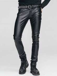 Men`S Punk Gothic Casual Slim Fit Five Pockets Faux Leather Pants Jeans - 黑色 - 查看 3