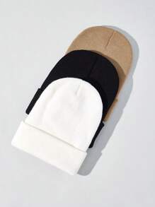 3pcs Women's Solid Color Simple And Fashionable Winter Unisex Black And White Khaki Thickened Warm Winter Hat - Suitable For Cold Winter Halloween