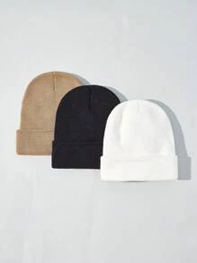 3pcs Women's Solid Color Simple And Fashionable Winter Unisex Black And White Khaki Thickened Warm Winter Hat - Suitable For Cold Winter Halloween