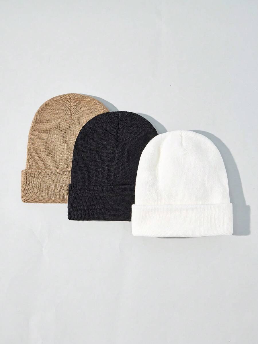 3pcs Women's Solid Color Simple And Fashionable Winter Unisex Black And White Khaki Thickened Warm Winter Hat - Suitable For Cold Winter Halloween