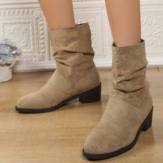 Women Round Toe Solid Color Pleated Mid-Calf Boots Chunky Heels Retro Ladies Shoes