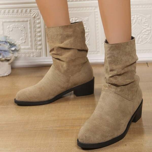 Bottes mi-mollet à bout rond, couleur unie, plissées, à talons épais, style rétro pour femmes