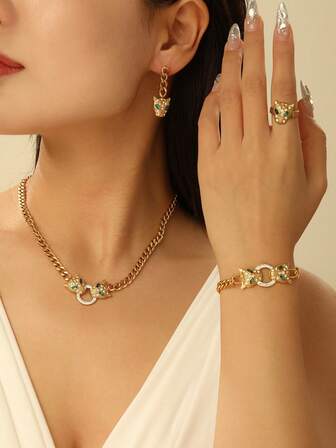 5 件套不锈钢豹头水钻链条项链手链戒指耳环首饰套装女士