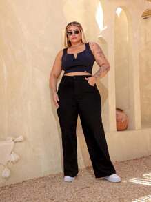 Plus Size Wide Leg Jeans - 黑色 - 查看 5