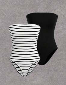 Strapless Bodysuit - 黑與白 - 查看 2