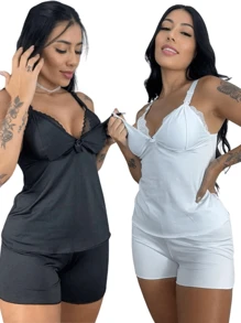 Kit Of 2 Comfortable Baby Doll Nursing Pajamas, Easy Open, Postpartum Maternity Outfit And Button-Up Nursing Bra - Đen và trắng - Xem 1