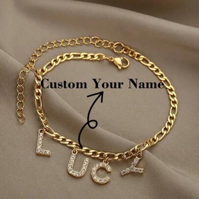 1pc Icy Drop Letter Bracelet Customized Name Figaro Chain Copper Zirconia 9mm A-Z Initial Anklet Pendant Jewellery Ladies Gift