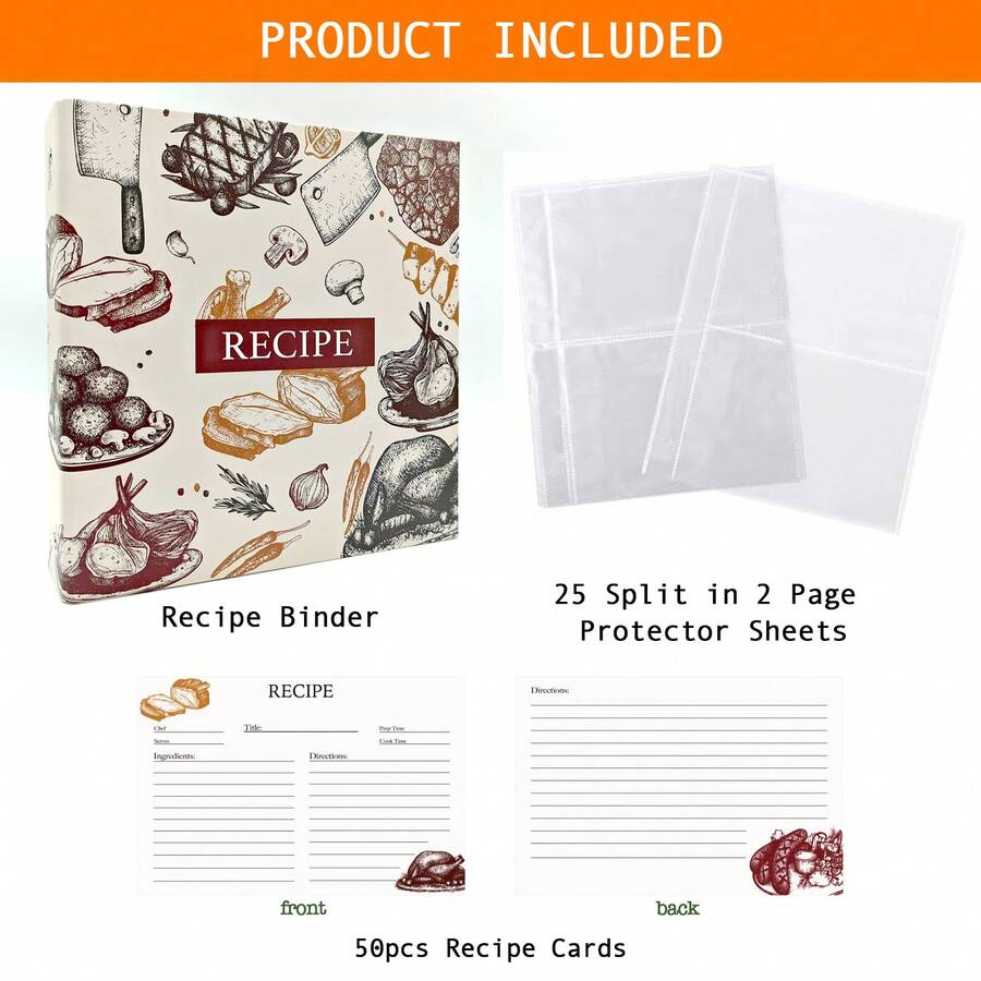 Recipe Binder Set A5 3Ring Cookbook With 50 Recipe Cards, 25 Clear
