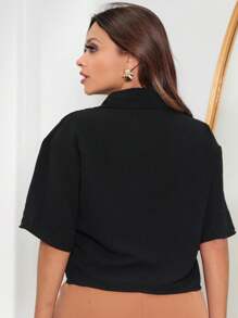 Women's Cropped Shirt Short Flare Sleeve Blouse - 黑色 - 查看 2
