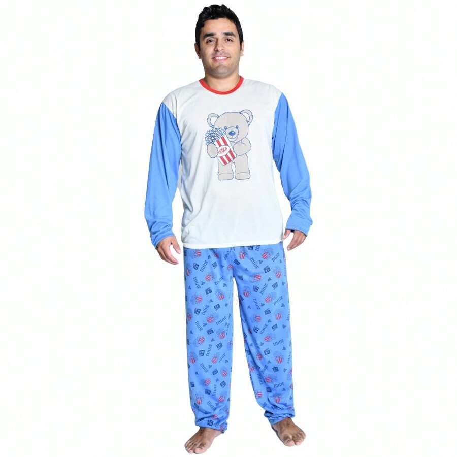 Men's Long Pajamas For Cold Winter Soft Knit - Blue and White - View 1