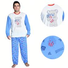Men's Long Pajamas For Cold Winter Soft Knit - Blue and White - View 2