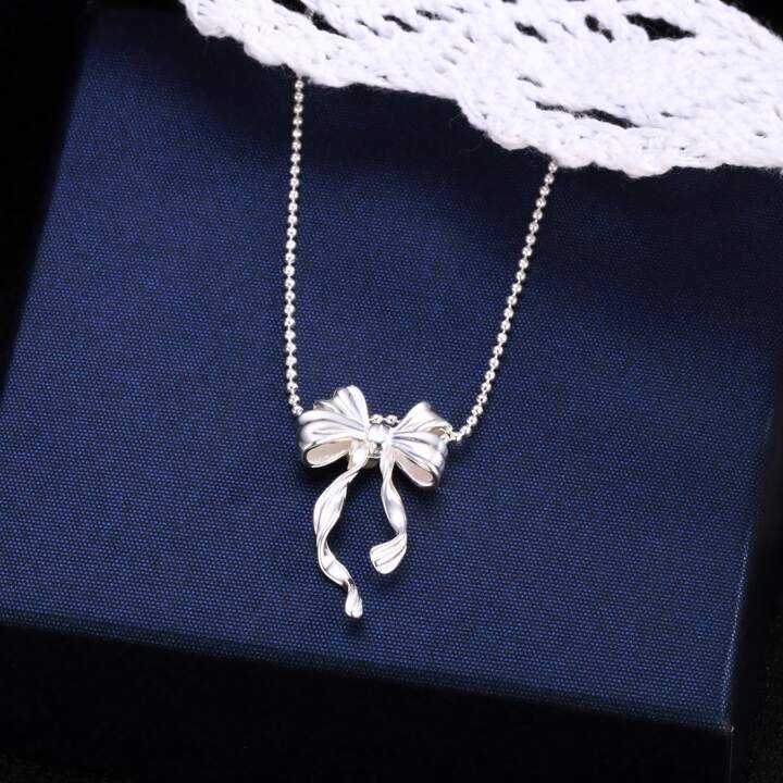 S925 Sterling Silver Butterfly Ribbon Necklace, Sweet Korean
