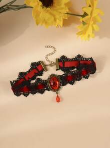 1 pièce Collier tour de cou gothique en dentelle noire avec pierre précieuse rouge, style gothique vampire pour femmes, Saint-Valentin