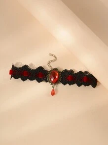 1 pièce Collier tour de cou gothique en dentelle noire avec pierre précieuse rouge, style gothique vampire pour femmes, Saint-Valentin