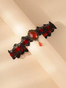 1 pièce Collier tour de cou gothique en dentelle noire avec pierre précieuse rouge, style gothique vampire pour femmes, Saint-Valentin