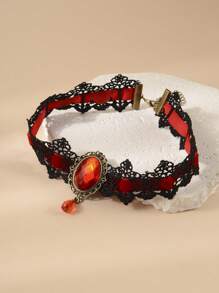 1 pièce Collier tour de cou gothique en dentelle noire avec pierre précieuse rouge, style gothique vampire pour femmes, Saint-Valentin