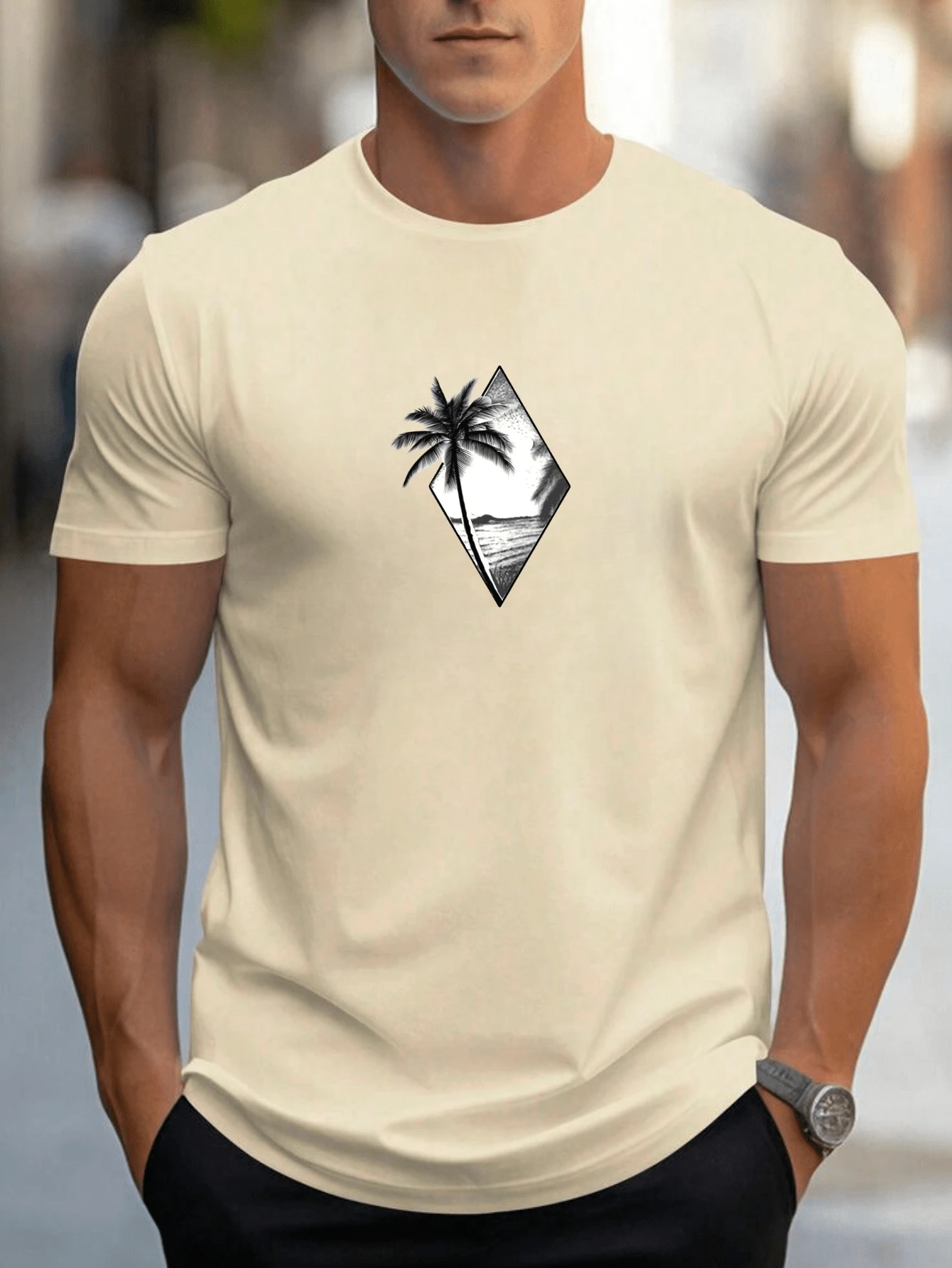Men's California Beach Minimalist T-Shirt Casual Shirt New Release 100% Cotton - Màu be - Xem 1