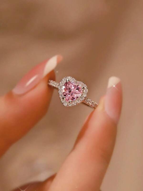 1 pieza Anillo con forma de corazón de plata de ley 925 con microtarjetado de diamantes rosas de lujo, adecuado para mujeres para compromiso, boda y uso diario
