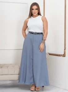 Women's Long Striped Tailored Skirt - 灰色 - 查看 3