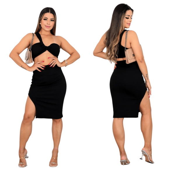 Conjunto Feminino Cropped e Saia Midi Fenda Lateral Tendencia Moda Verao