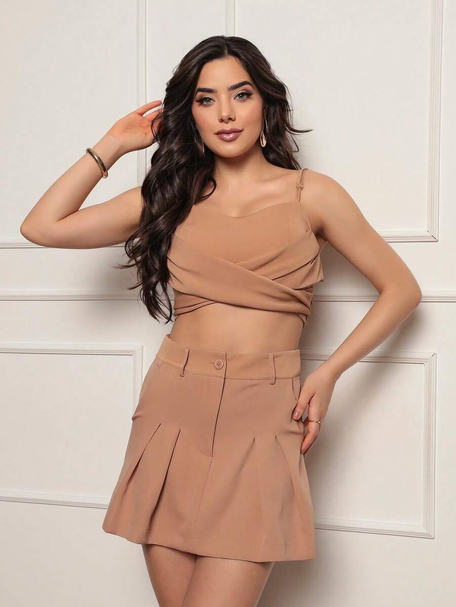 Women's Set With Cropped Top And Short Skirt, Tailored Fabric. - 棕色 - 查看 1