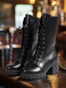 2025 Winter Women's New Black Mid-Calf Boots, Mid-High Chunky Heel Thick Sole Boots, Waterproof Platform Motorcycle Boots, Flat Square Heel Non-Slip Wear-Resistant Faux Fur Lining Short Boots, British Style Combat Boots With Side Zipper, Round Toe Plus Size