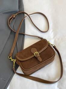 新款复古单肩包，带 2 条肩带，斜跨包，休闲绒面拼布翻盖女士手提包，秋季百搭通勤包