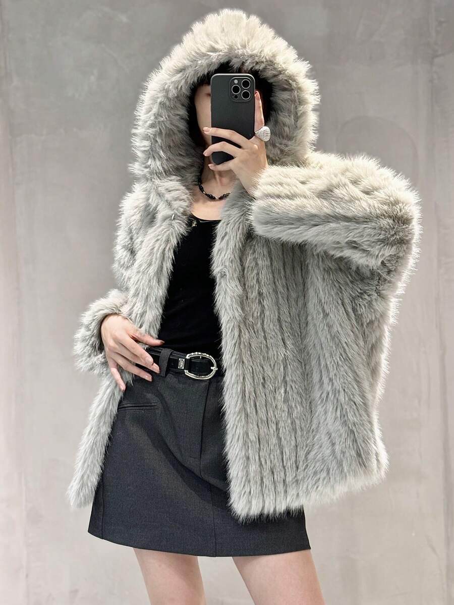 Áo khoác nhung chồn có mũ trùm đầu màu trơn dành cho nữ - Màu be - Xem 1