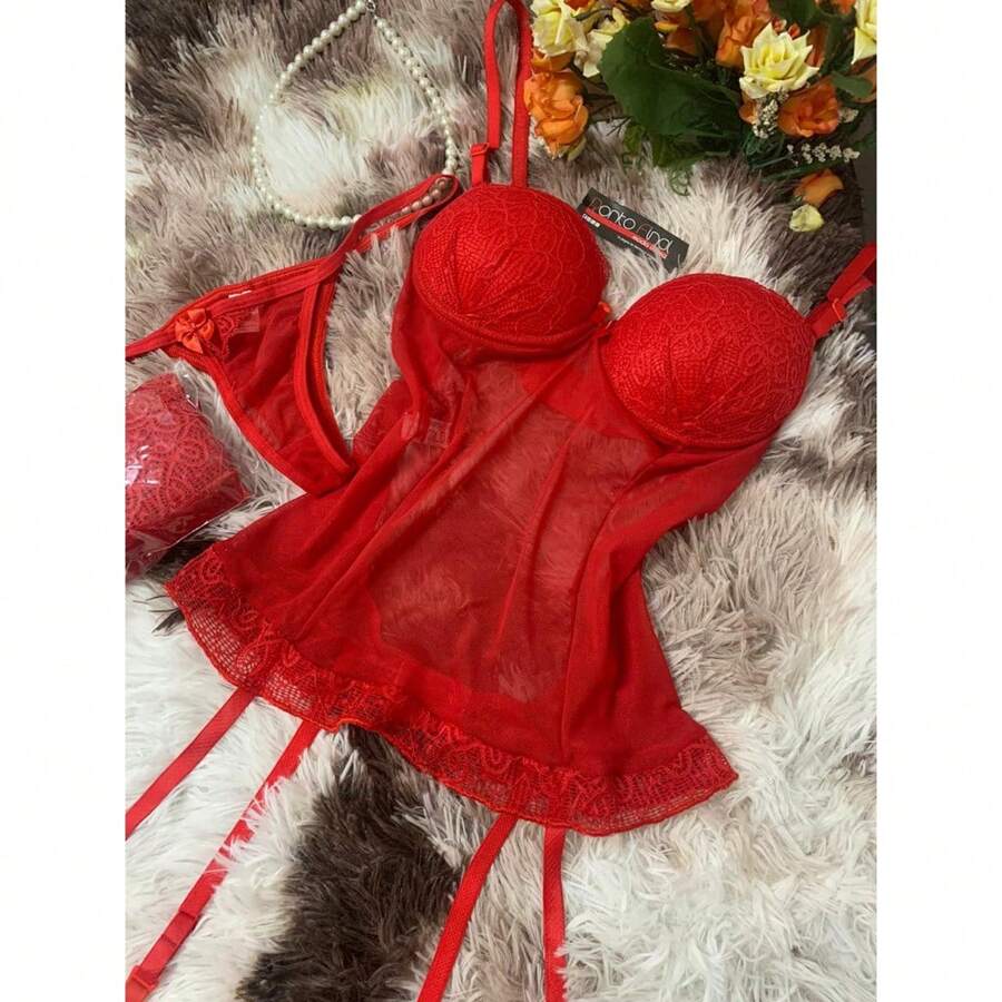 Full Corset Sensual Line Night Line Corset Lingerie Tulle Lace With Cup Half Strap Garter Embroidery - 查看 1