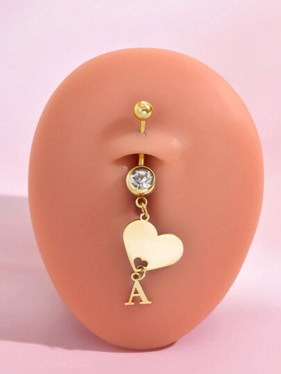 1pc Fashionable & Romantic Elegant Lady Style Gold Stainless Steel Hollow Heart & 26 Letter Pendant Inlaid With Plastic Rhinestone Navel Ring, Suitable For Beach, Travel, Shopping And Various Occasions, Great Gift Idea For Girlfriend, Wife, Mother, Family And Friends, Birthday, Anniversary, Popular Among Young Women Valentines,Mom,Mother,Mother's Day,Gift