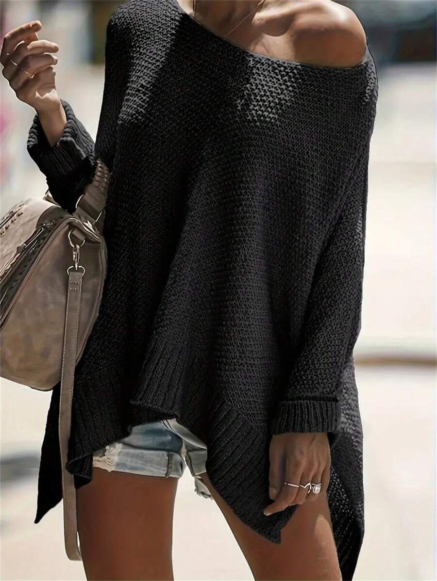 Plus Size Solid Color Asymmetric Collar Long Sleeve Pullover Sweater, Casual Loose Fit Front Short Back Long, Autumn/Winter