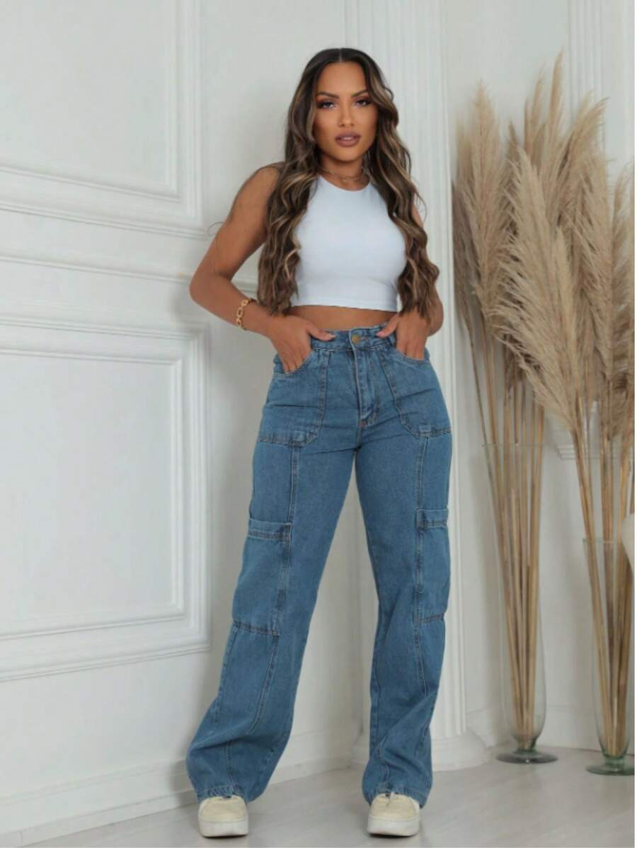 Women's Wide Leg Jeans - Rửa trung bình - Xem 1