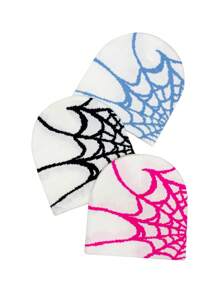 3pcs/Set Casual Spider Web Acrylic Colorblock Knit Beanies For Daily Wear Skull Skeleton