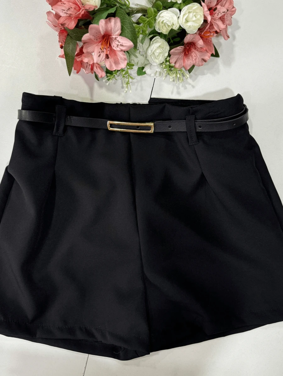 TAILORED SHORTS WITH BLACK LEATHER BELT, SOCIAL FASHION. - 黑色 - 查看 1