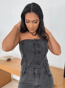 Women's Strapless Denim Jumpsuit With Elastane - Grafito - Ver 4