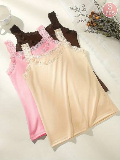 3pcs/Pack Women's Solid Color Lace Trim Crew Neck Sleeveless Patchwork Tank Top, Lightweight Camisole