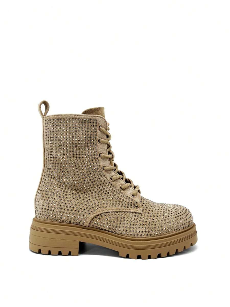 RevReaL Women's Rivet Decor Platform Boots - Fashionable Lace Up Ankle Boots (Black/Khaki)