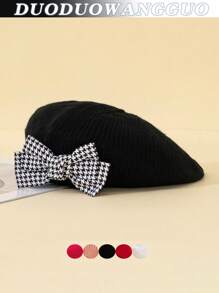 1pc Toddler Girls Houndstooth Pattern Bow Knitted Beret Hat, Beige